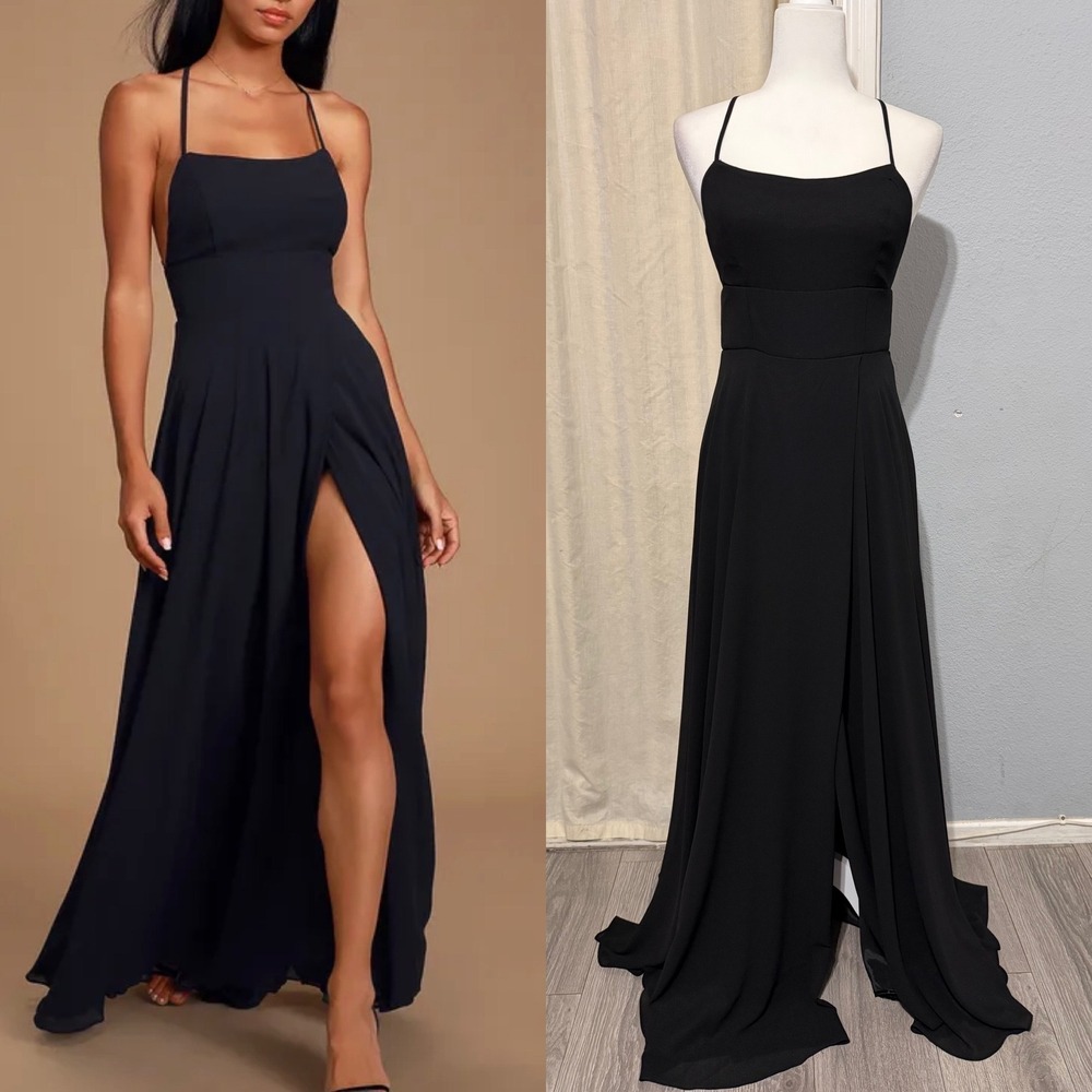 Lulus Black Sparkly Chiffon Maxi Dress Small Square Neck Open Back Side Slit